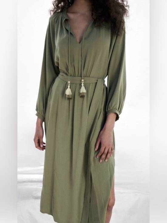 Zara Dresses & Skirts - Zara Olive Green Long Sleeve Midi Dress with Tassel Tie Size XL NWT